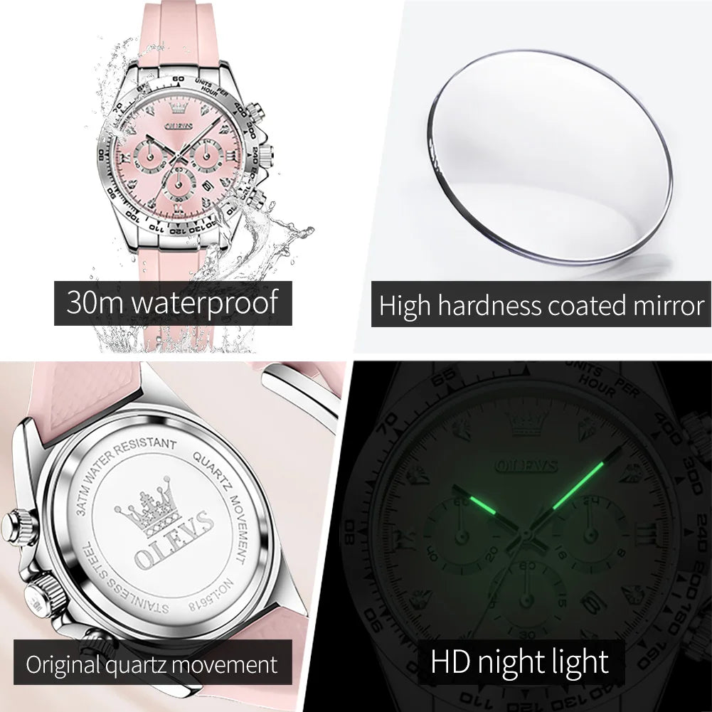 Relógio Feminino Olevs Cronógrafo Luxo AquaDate
