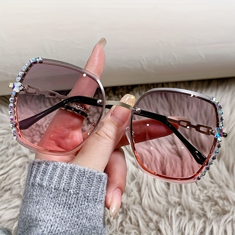 Óculos de Sol Feminino Sem Aro Strass | Armação Metálica e Degradê